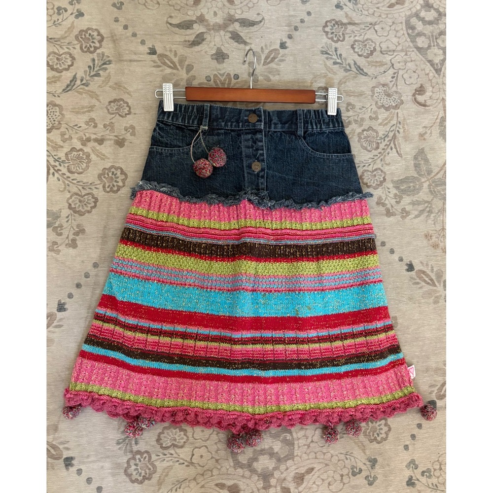 Mim-Pi Denim Knit Skirt Girls 140 Pink Blue Striped Boho Pom Pom Sparkle Trendy